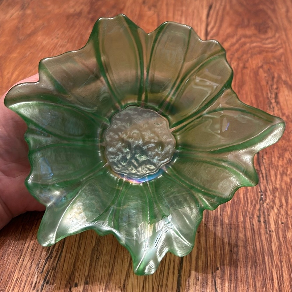 AKCAM Turkish Incandescent Green Floral Hand Blown Art Glass Bowl